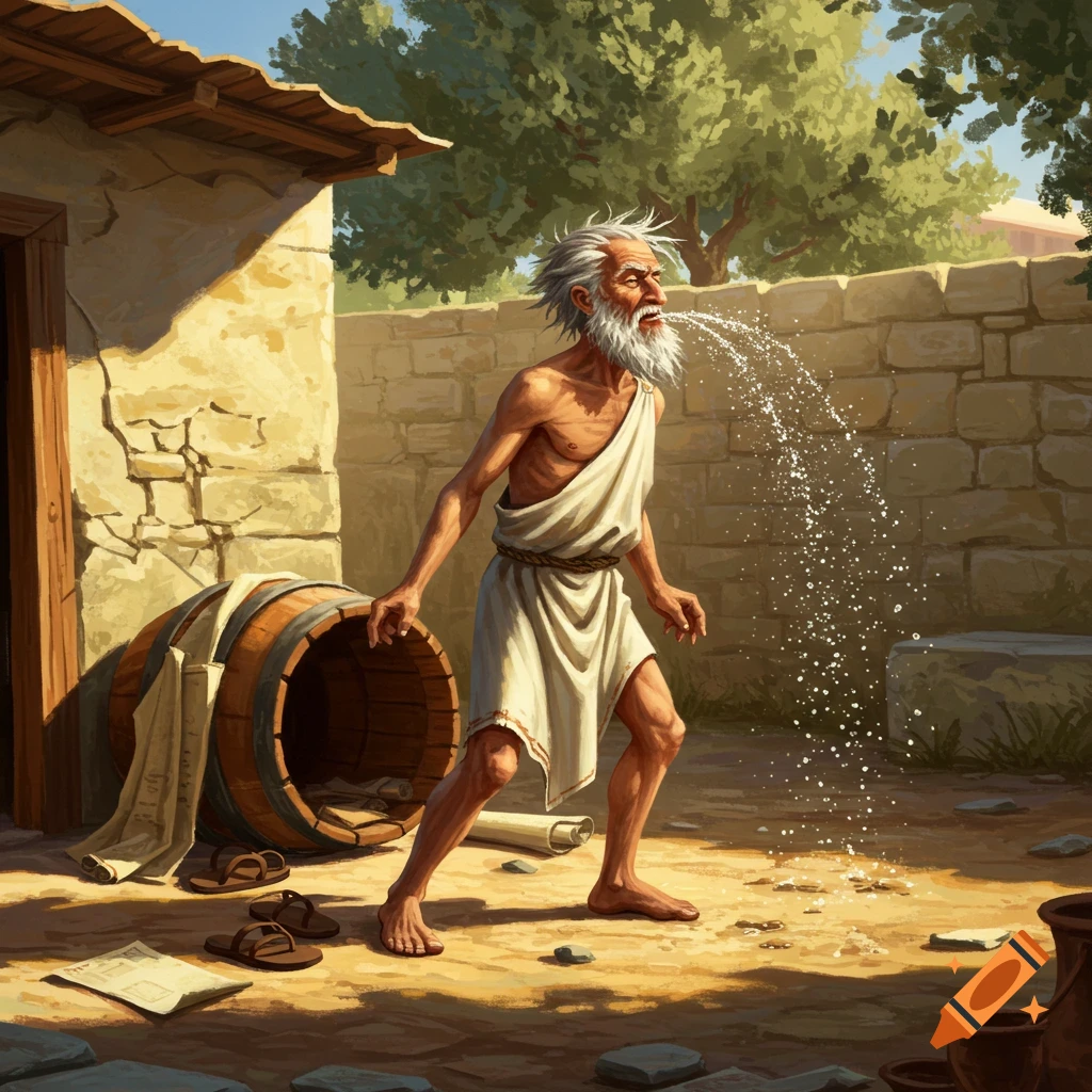 An old, bearded man in a toga spits water by an overturned barrel in an ancient courtyard.