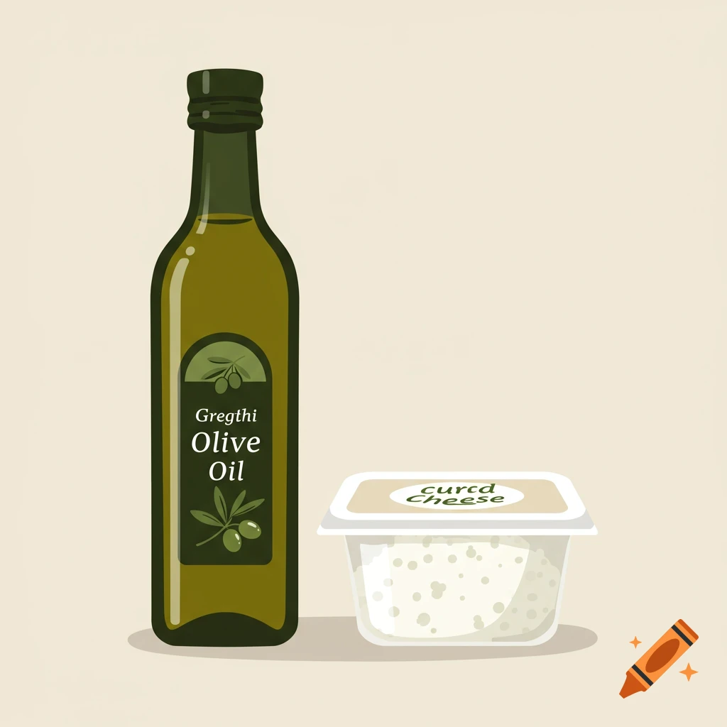 An illustration of a green bottle of olive oil and a white container of curds on a light background.