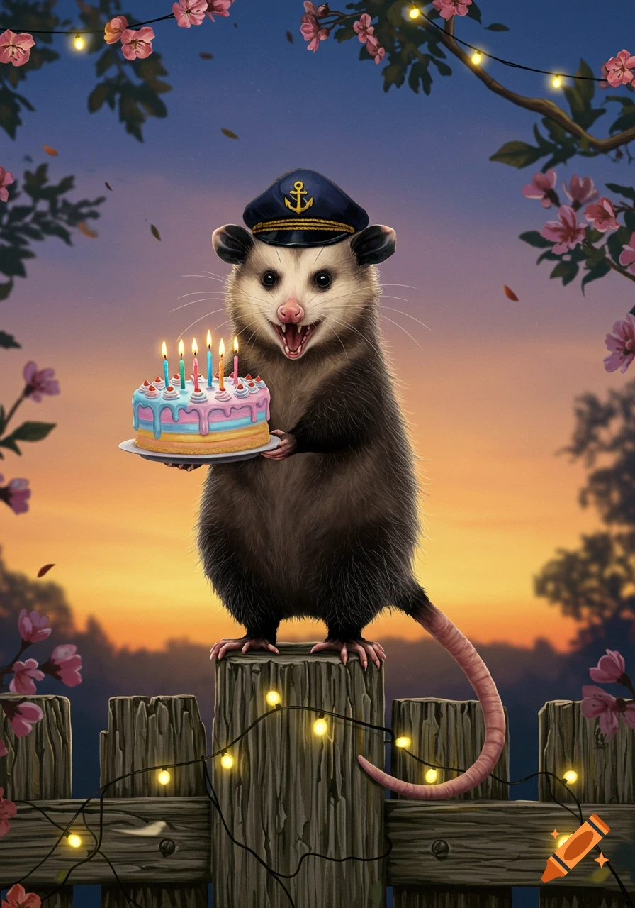 A cute possum in a captain hat holds a birthday cake with lit candles on a wooden fence at sunset, framed by cherry blossoms and string lights.