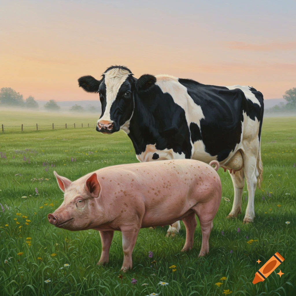 A black and white cow stands behind a pink pig in a green, flowery field at sunrise, painted in a realistic style.