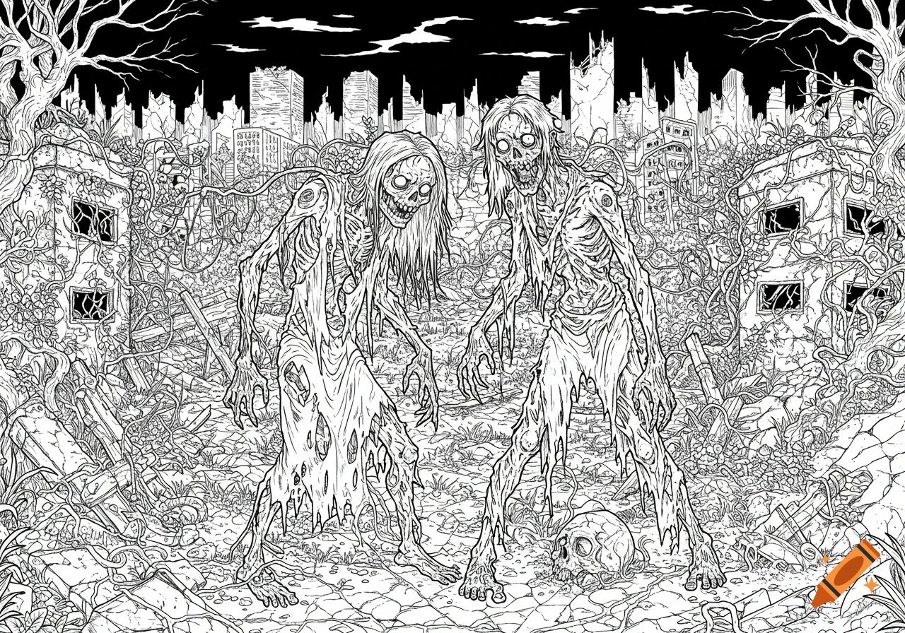 Black and white line art of two skeletal zombies with tattered clothes in a ruined, overgrown city with a skull on the ground.