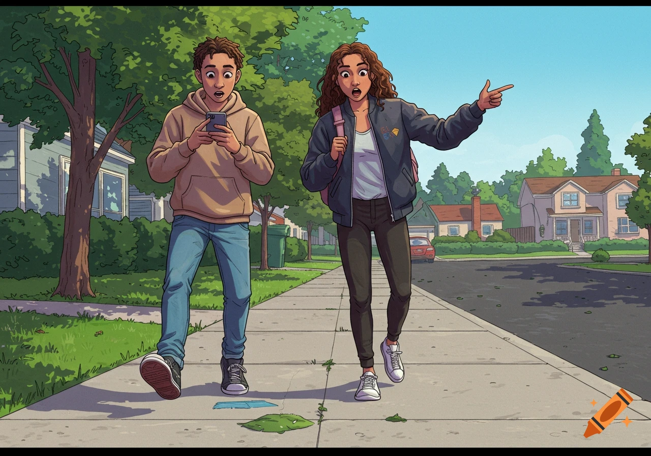 Cartoon of two surprised young people walking on a suburban sidewalk; one looks at his phone, the other points ahead.
