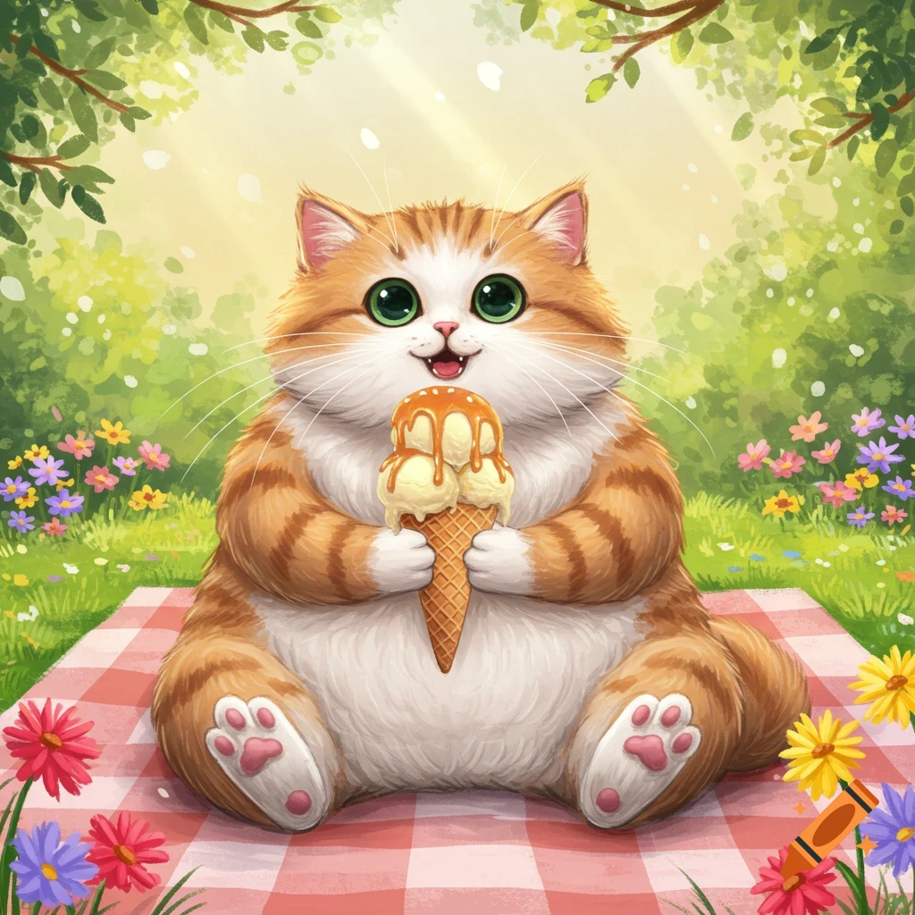 A cute, chubby orange and white cartoon cat with big green eyes smiles while sitting on a red checkered picnic blanket, holding an ice cream cone in a sunny, flowery park.