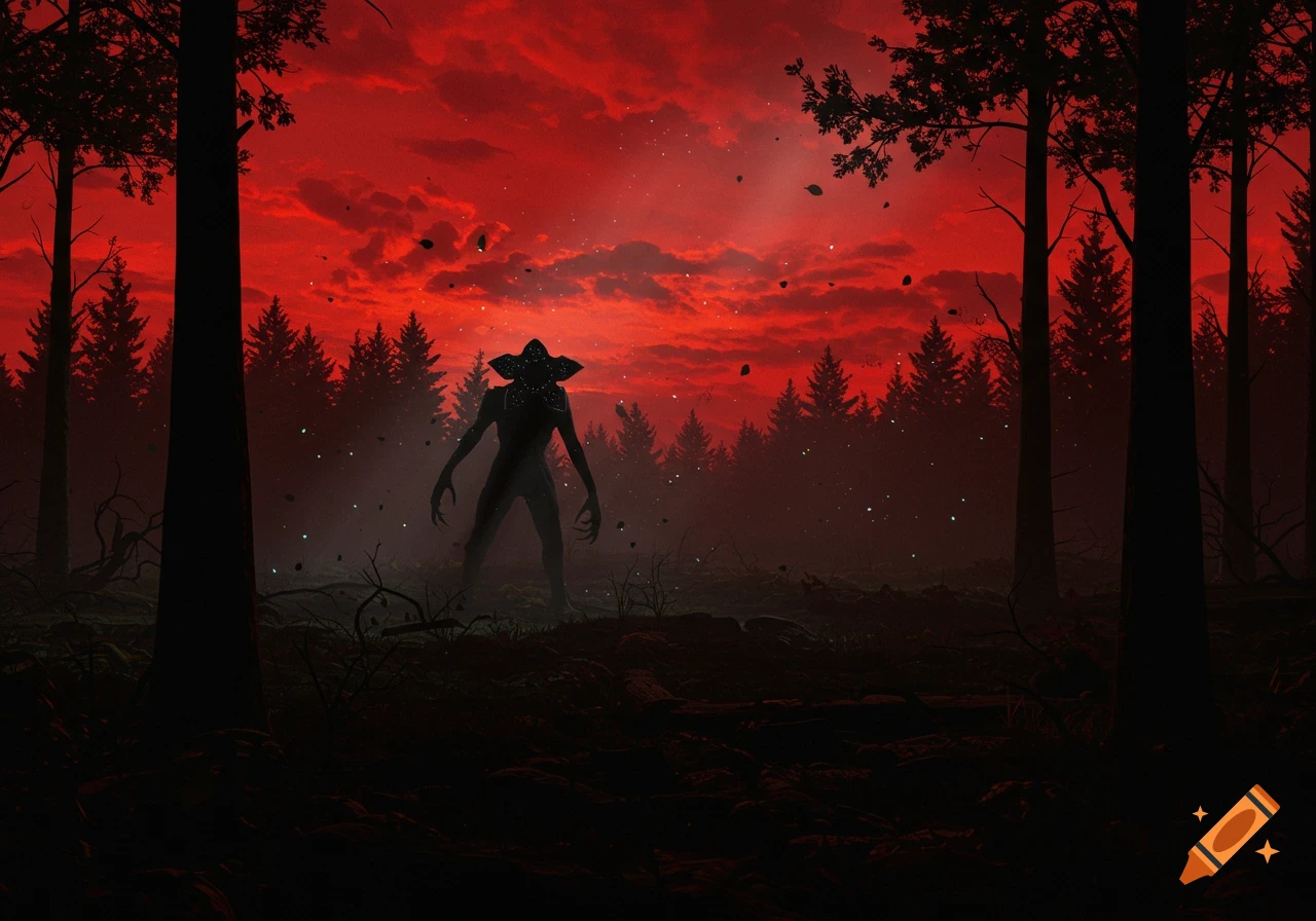 An ominous Demogorgon-like creature stands silhouetted in a dark forest against a vibrant red, cloudy sky.