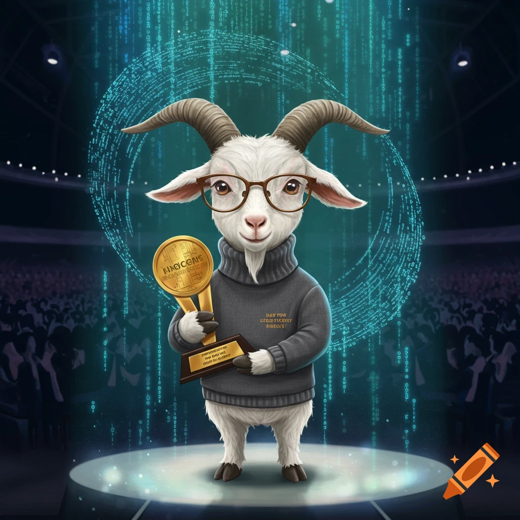 A cartoon goat wearing glasses and a sweater stands on a lit stage, holding a golden trophy with a digital code background. Crowd silhouettes are visible in the background.
