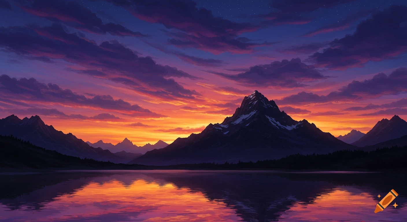 Vibrant sunset over dark mountains reflected in a calm lake, digital painting style.