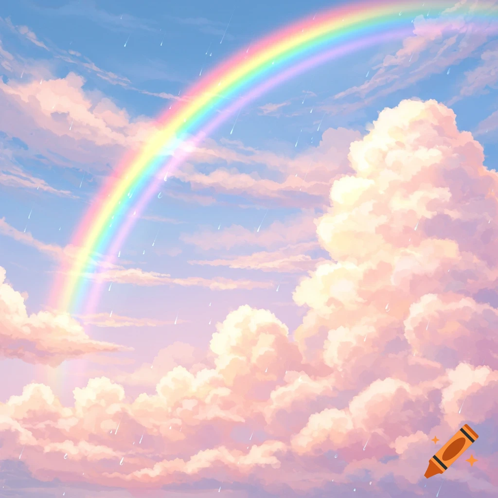 An anime-style illustration of a vibrant rainbow arcing across a light blue sky with fluffy pink clouds and stylized falling raindrops.