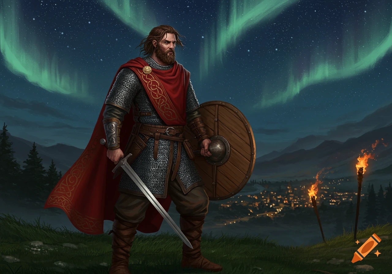 A bearded warrior in chainmail and a red cape holds a sword and shield on a grassy hill, overlooking a village under the aurora borealis at night. Illustration.