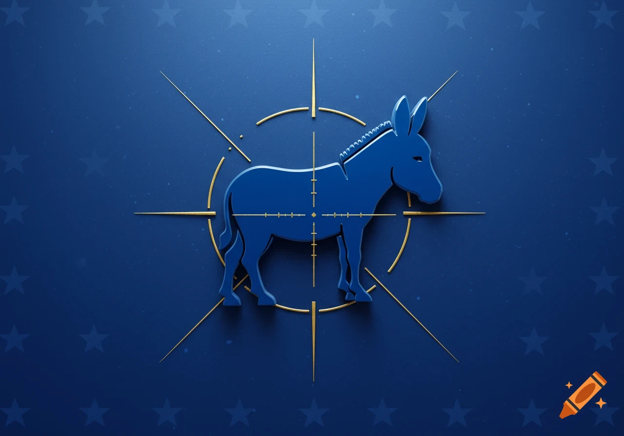 A blue 3D Democratic donkey symbol with a gold crosshair targeting its body, on a dark blue background with faint stars.