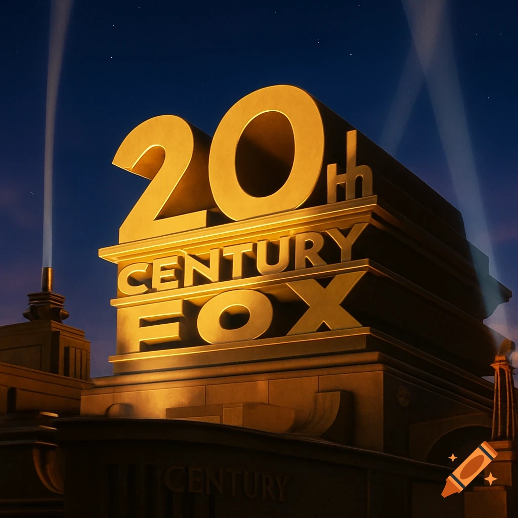 The golden 20th Century Fox logo, illuminated against a dark blue sky with searchlights.