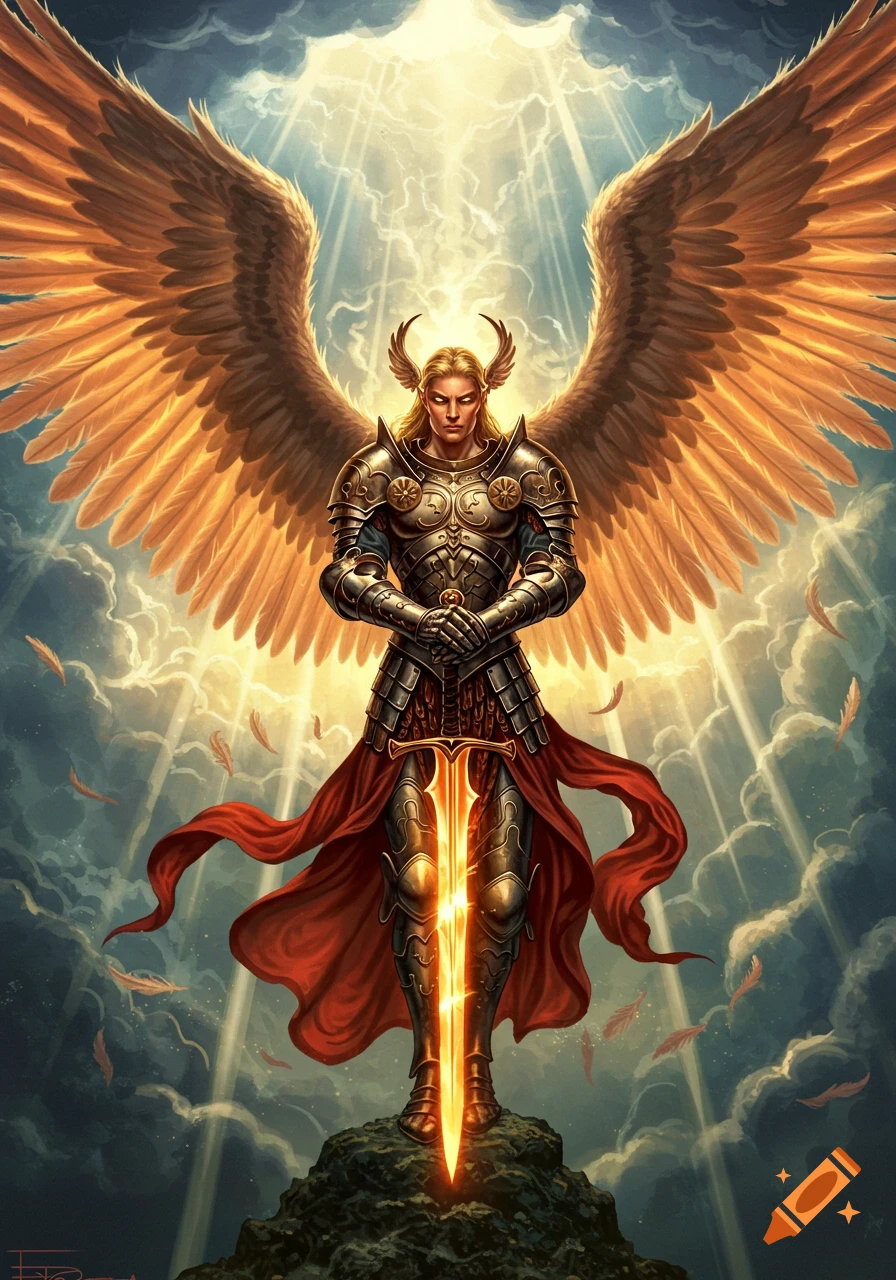 Armored angel with golden wings and glowing sword stands on a peak under a dramatic, sunlit sky, digital painting.