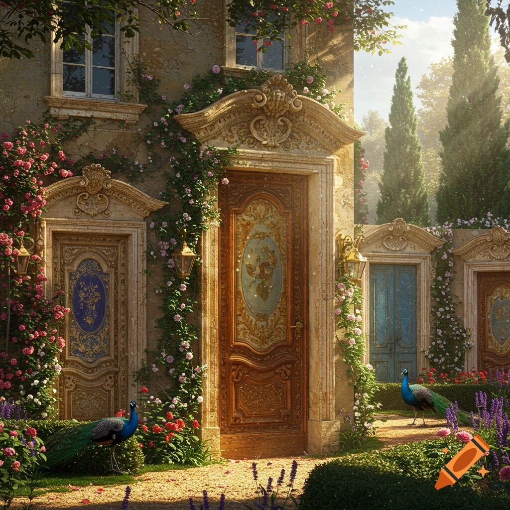 Photorealistic image of a grand French mansion with ornate doors, lush rose vines, and two peacocks in a sunny garden.