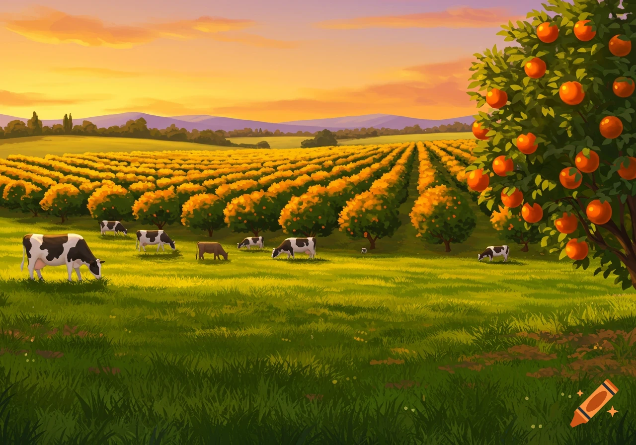 Cows graze in a green pasture with rows of orange trees under a warm sunset sky in a stylized illustration.
