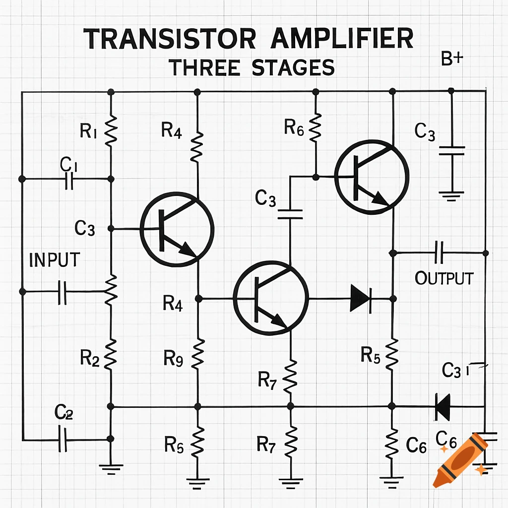 A black and white circuit diagram for a three-stage transistor amplifier on a grid background, with input and output connections labeled.