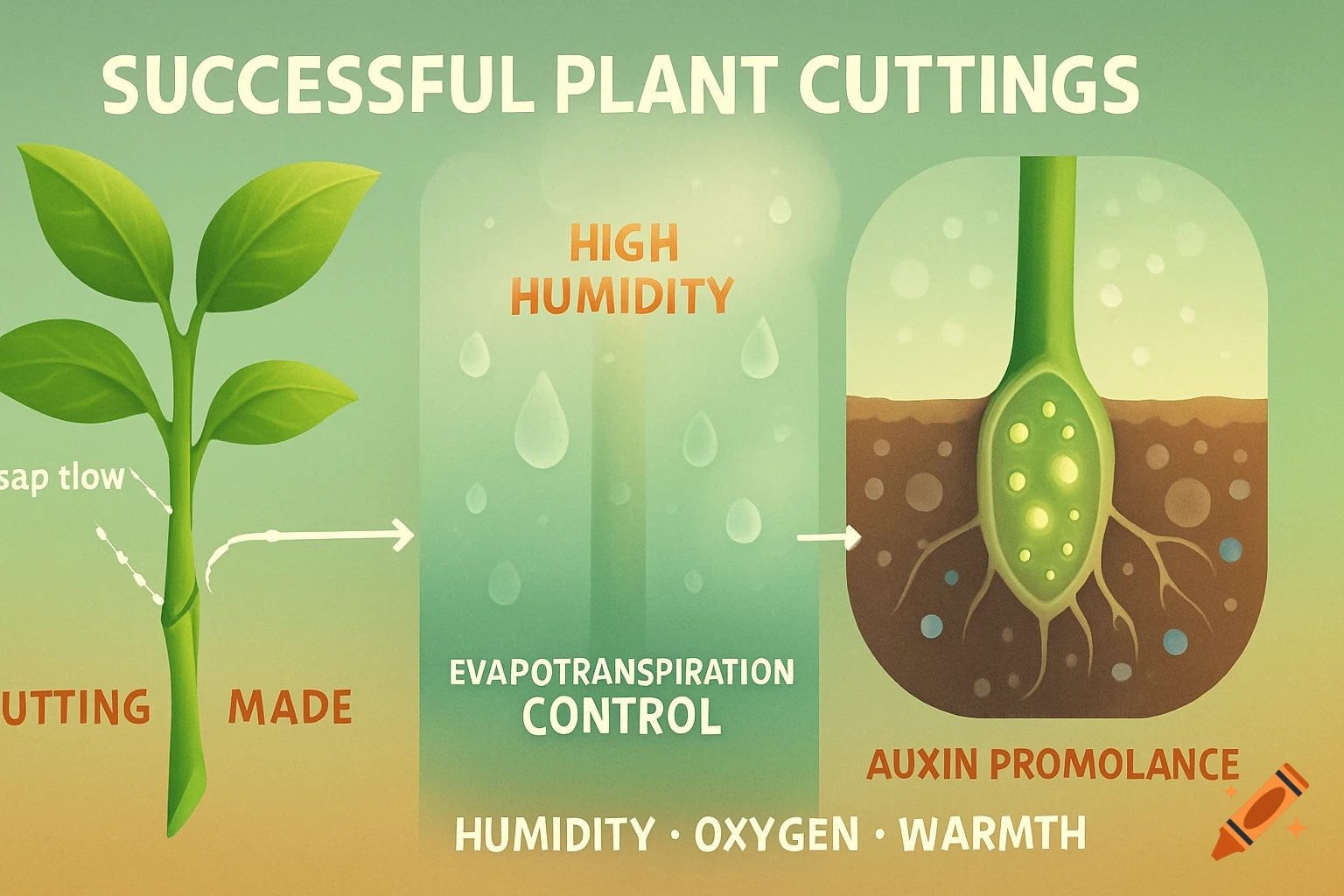 An infographic illustrating successful plant cuttings, showing a stem being cut, conditions for high humidity, and the development of new roots in soil.