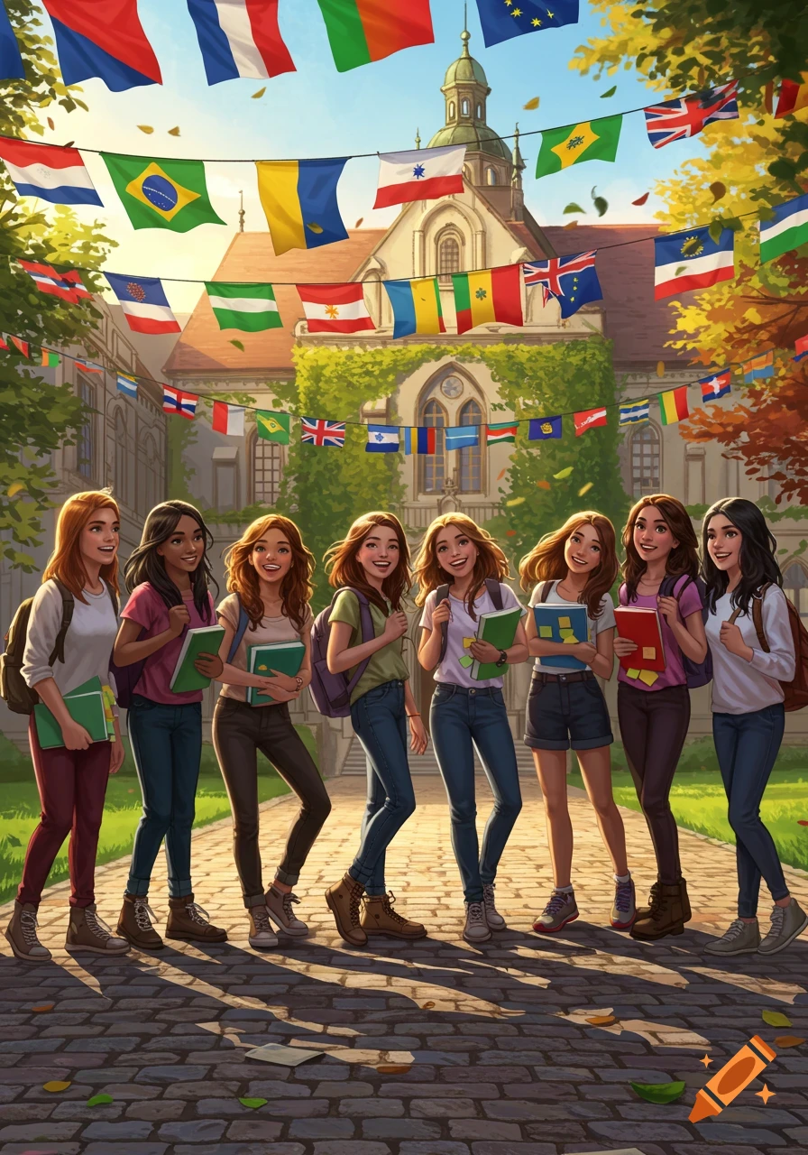 Eight smiling female students with backpacks and books stand on a university campus with colorful international flags strung overhead, in a vibrant, stylized illustration.