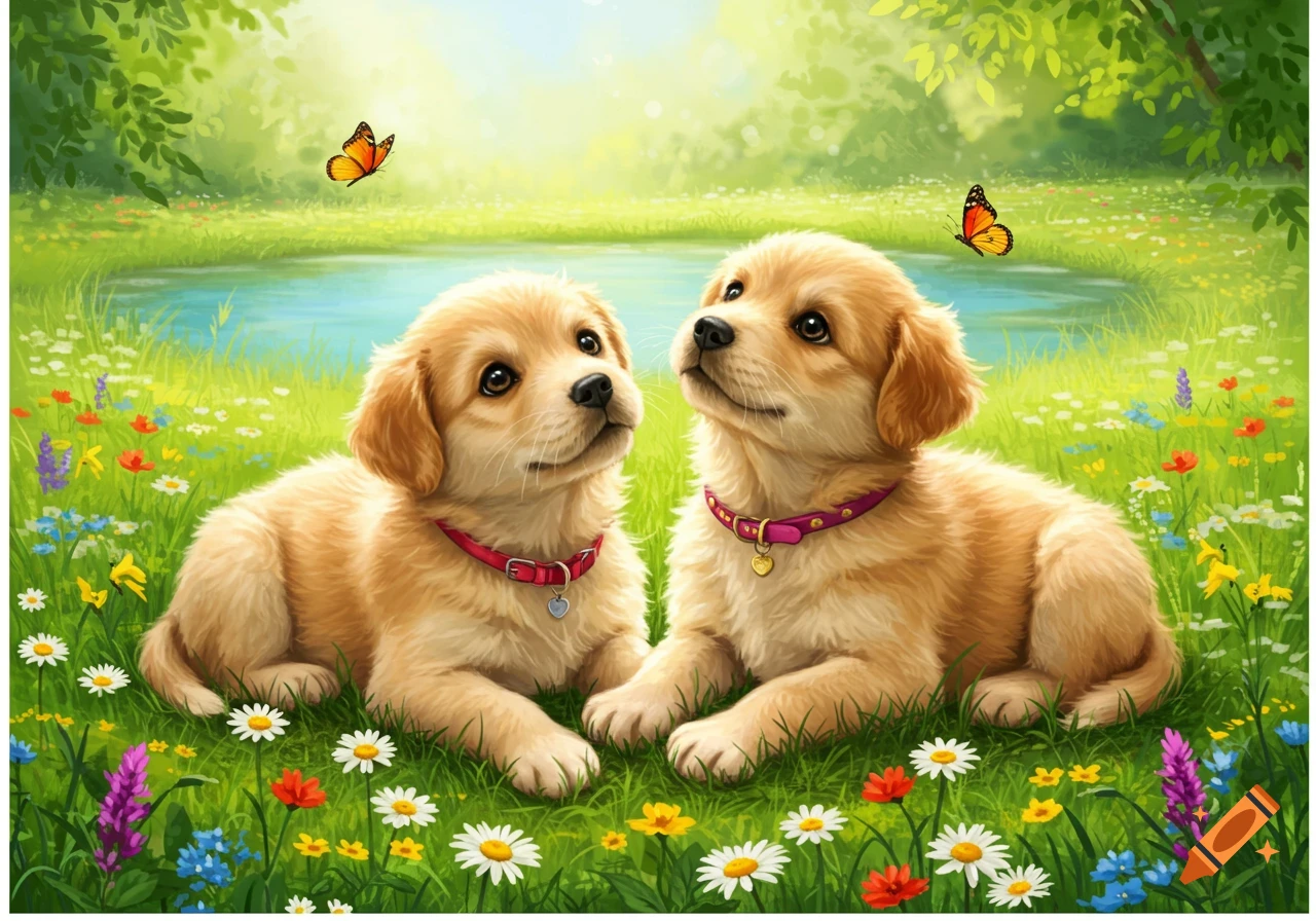 Two golden retriever puppies lie in a vibrant field of flowers by a pond, with butterflies, in a cheerful illustration.