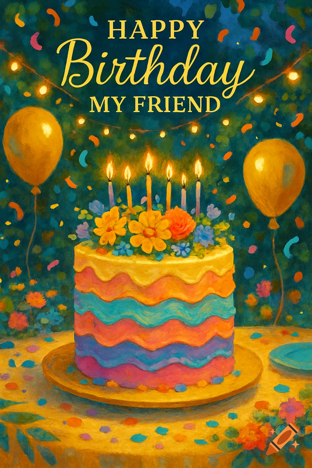 Vibrant painting of a colorful birthday cake with lit candles, balloons, confetti, and 'HAPPY BIRTHDAY MY FRIEND' text.