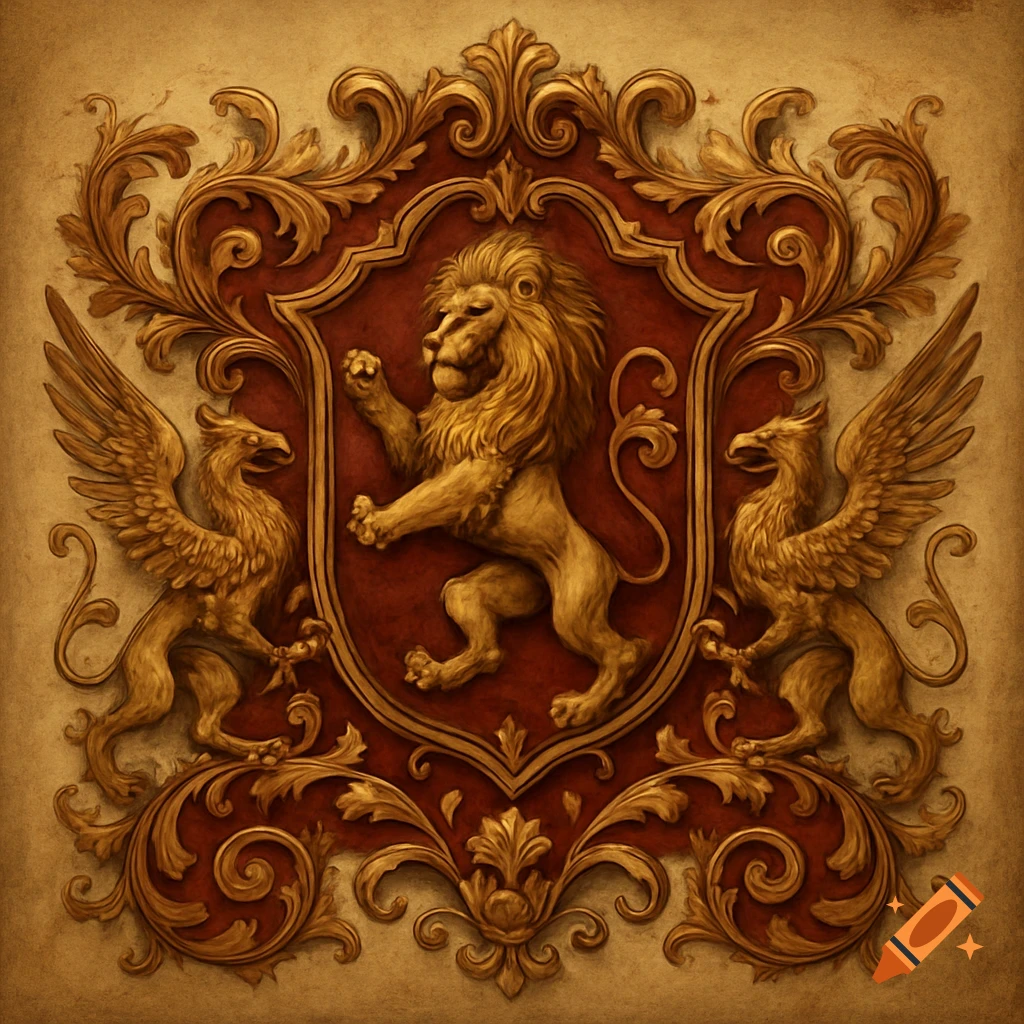 Ornate gold crest featuring a rampant lion on a red shield, flanked by two griffins, in an old English style.