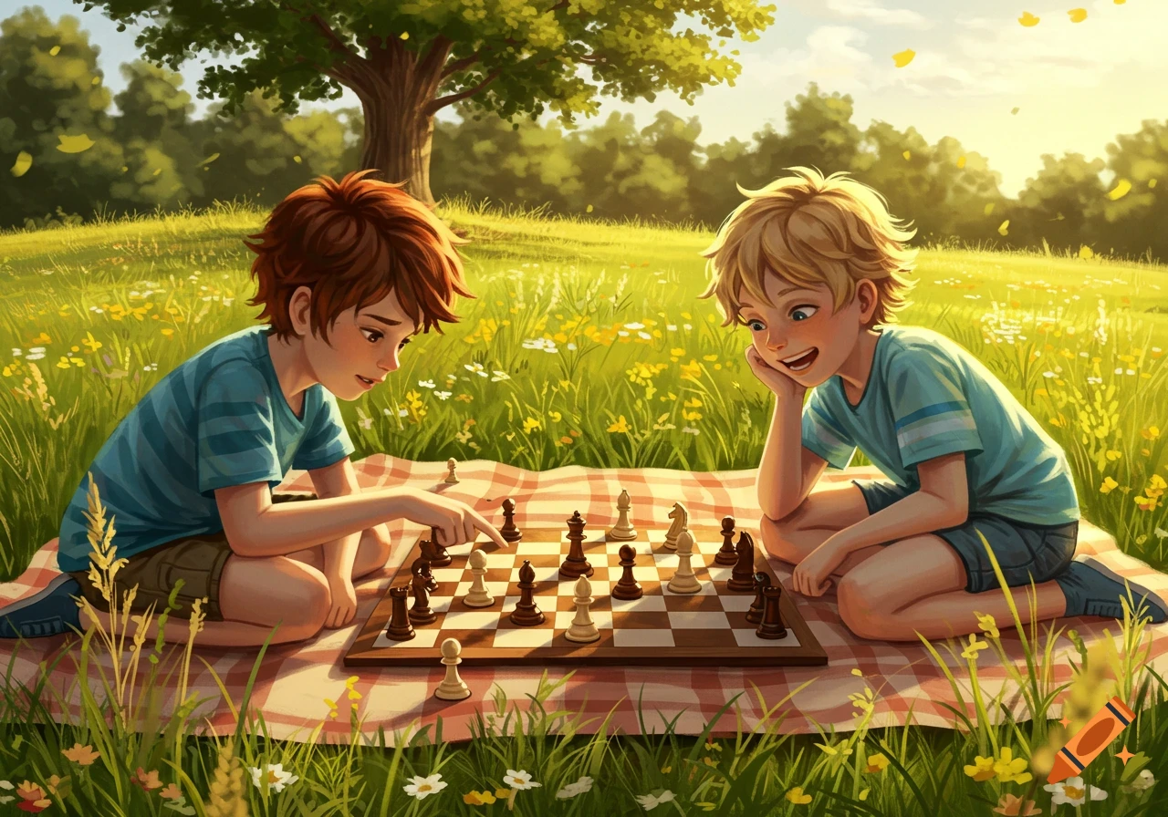Two illustrated boys play chess on a picnic blanket in a sunny, grassy field with wildflowers and trees.