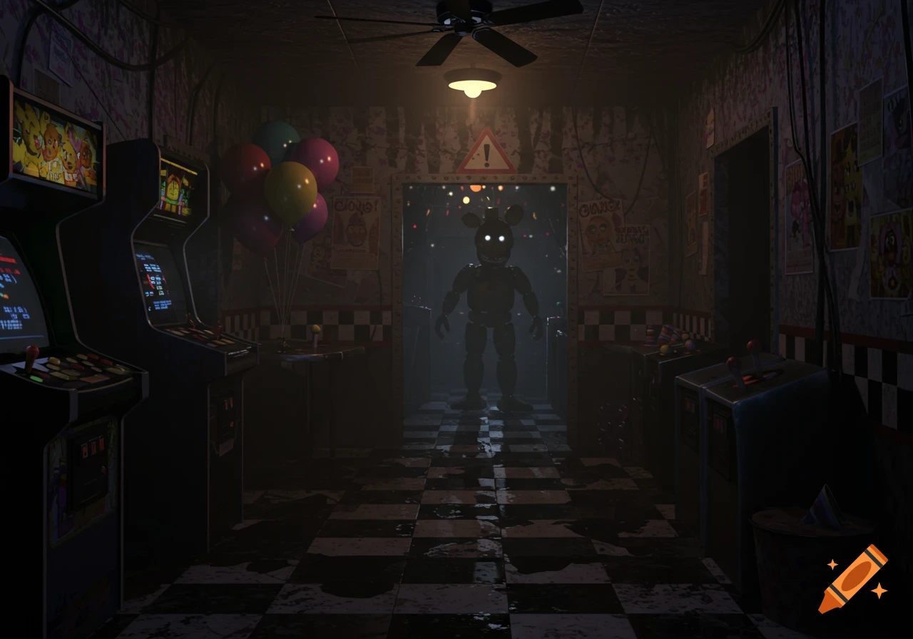 A dark, eerie pizzeria arcade with a glowing animatronic in the doorway.