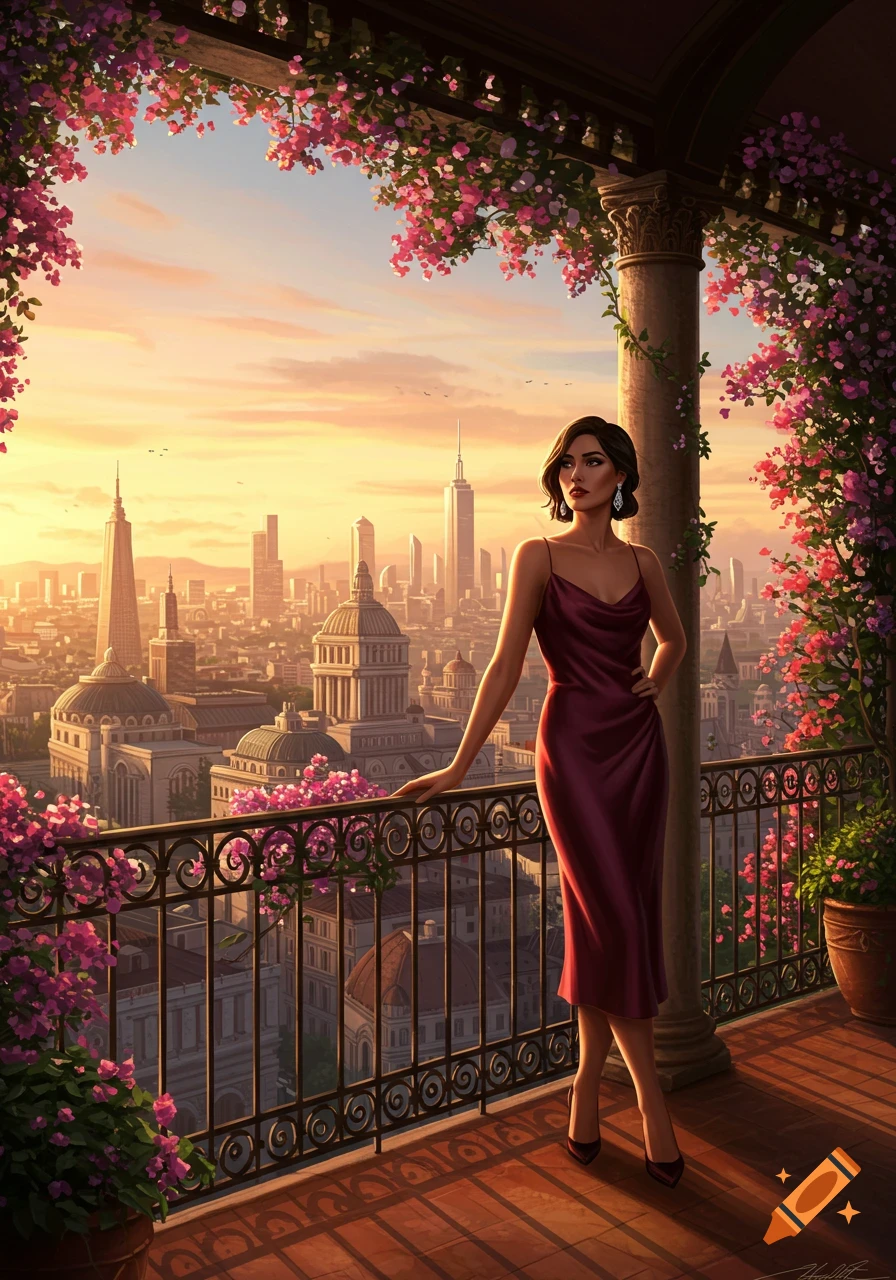 An elegant woman in a red dress on a balcony with bougainvillea, overlooking a city skyline at sunset in an illustrated style.