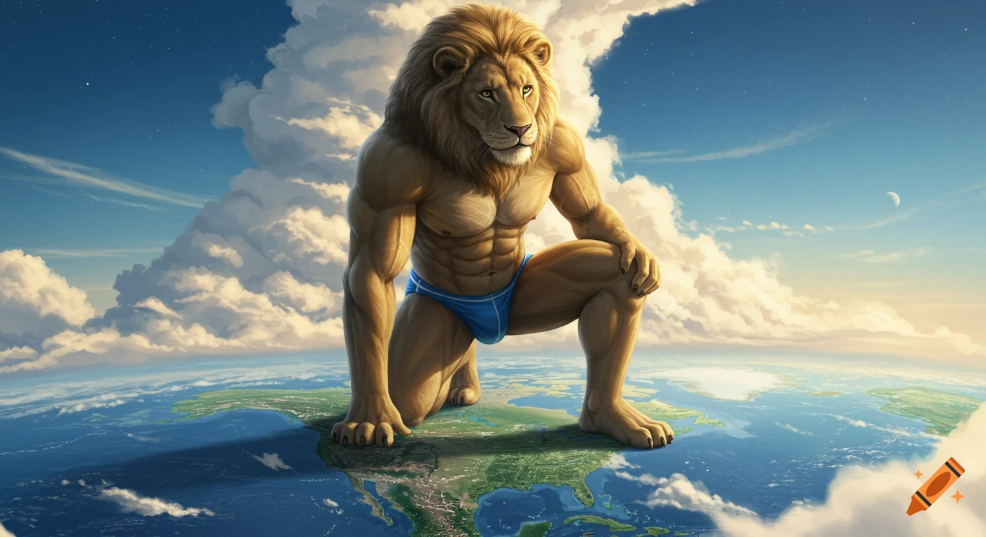 Photorealistic gigantic anthropomorphic lion in a blue speedo kneeling on North America, towering into the sky.