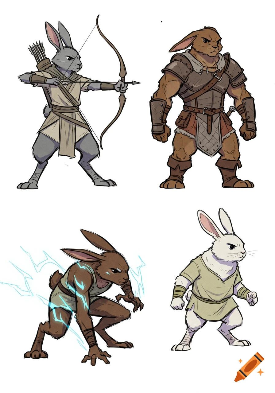 Four anthropomorphic rabbit characters in a line art style: an archer, a warrior, a lightning-powered rabbit, and a white rabbit.