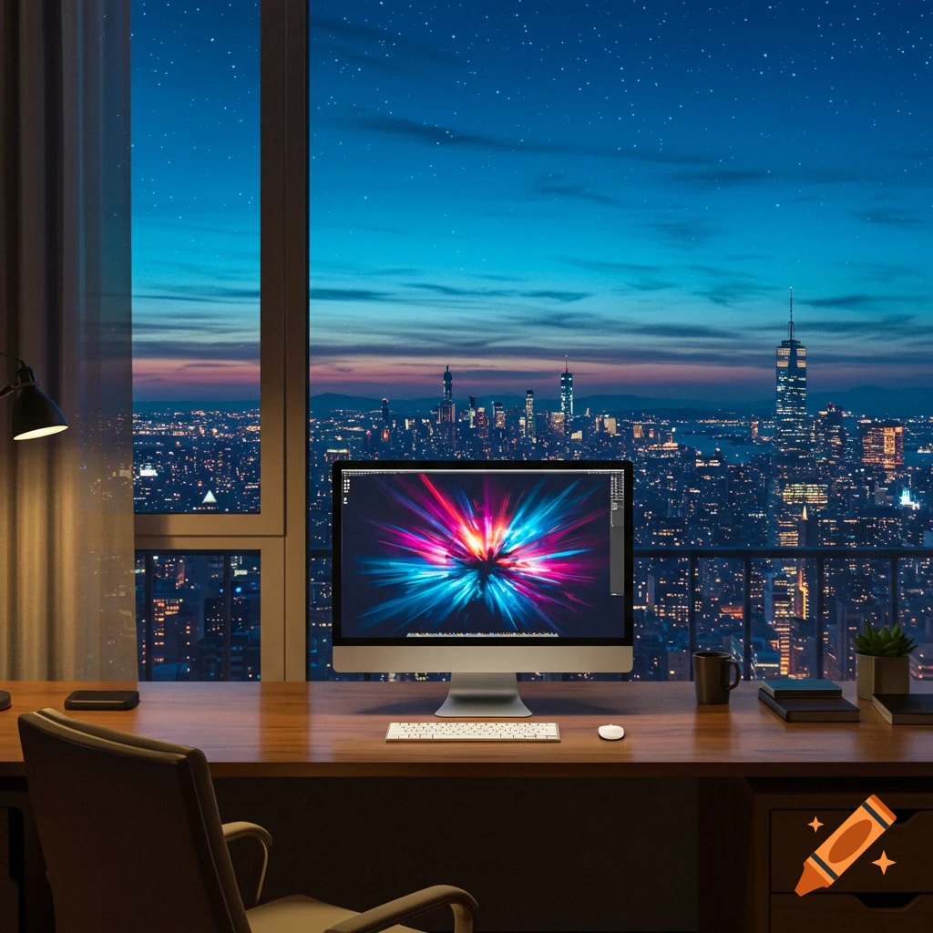A photorealistic computer on a wooden desk overlooks a vibrant city skyline at night from a window.