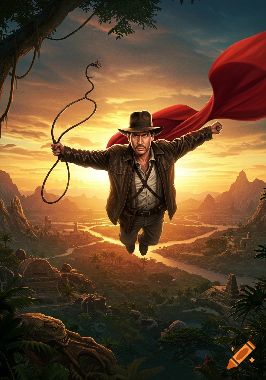 A flying Indiana Jones in a fedora, leather jacket, and red cape, holding a whip above a jungle with ancient ruins at sunset.