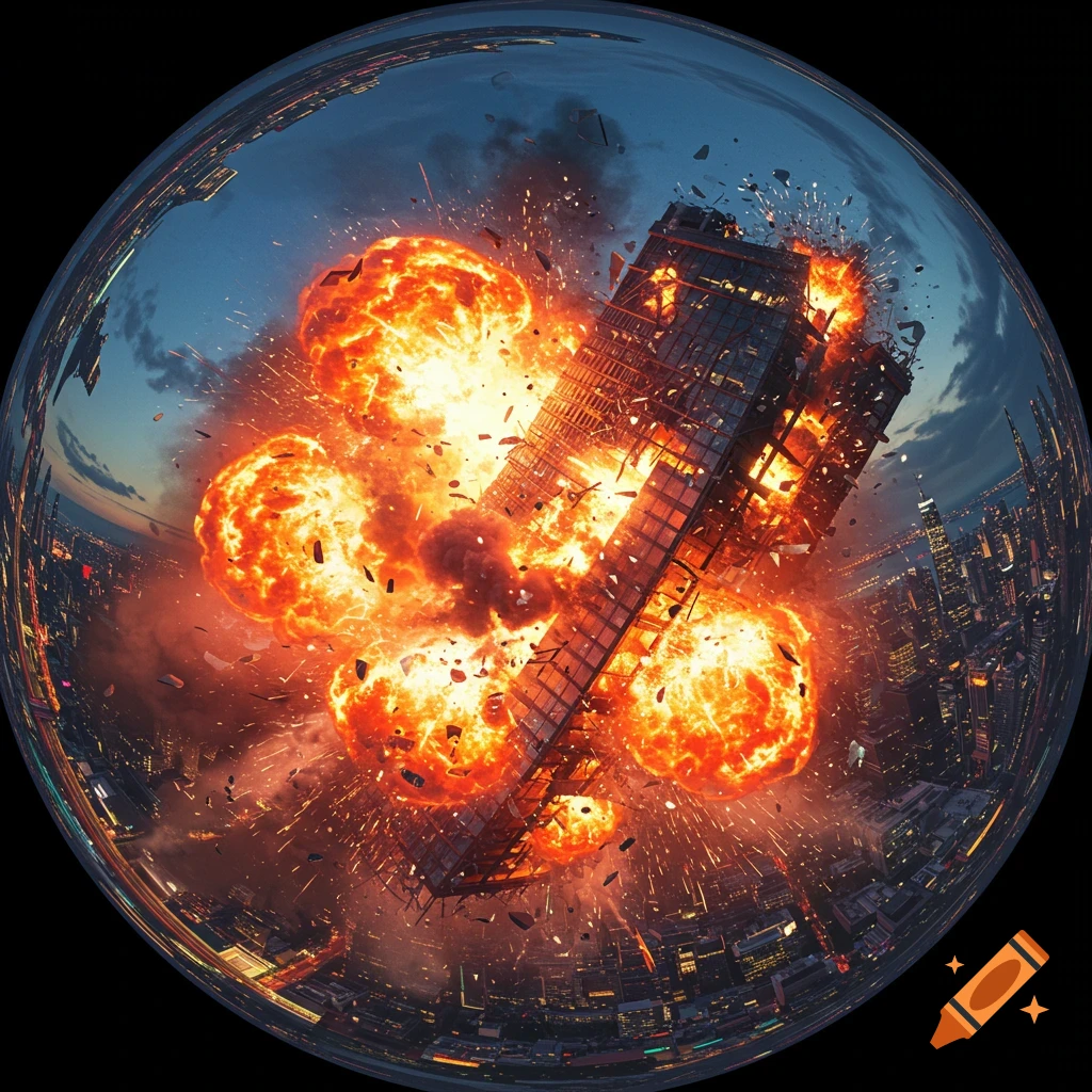 A fisheye view of a skyscraper exploding in a city at dusk, with large fireballs and debris scattering.
