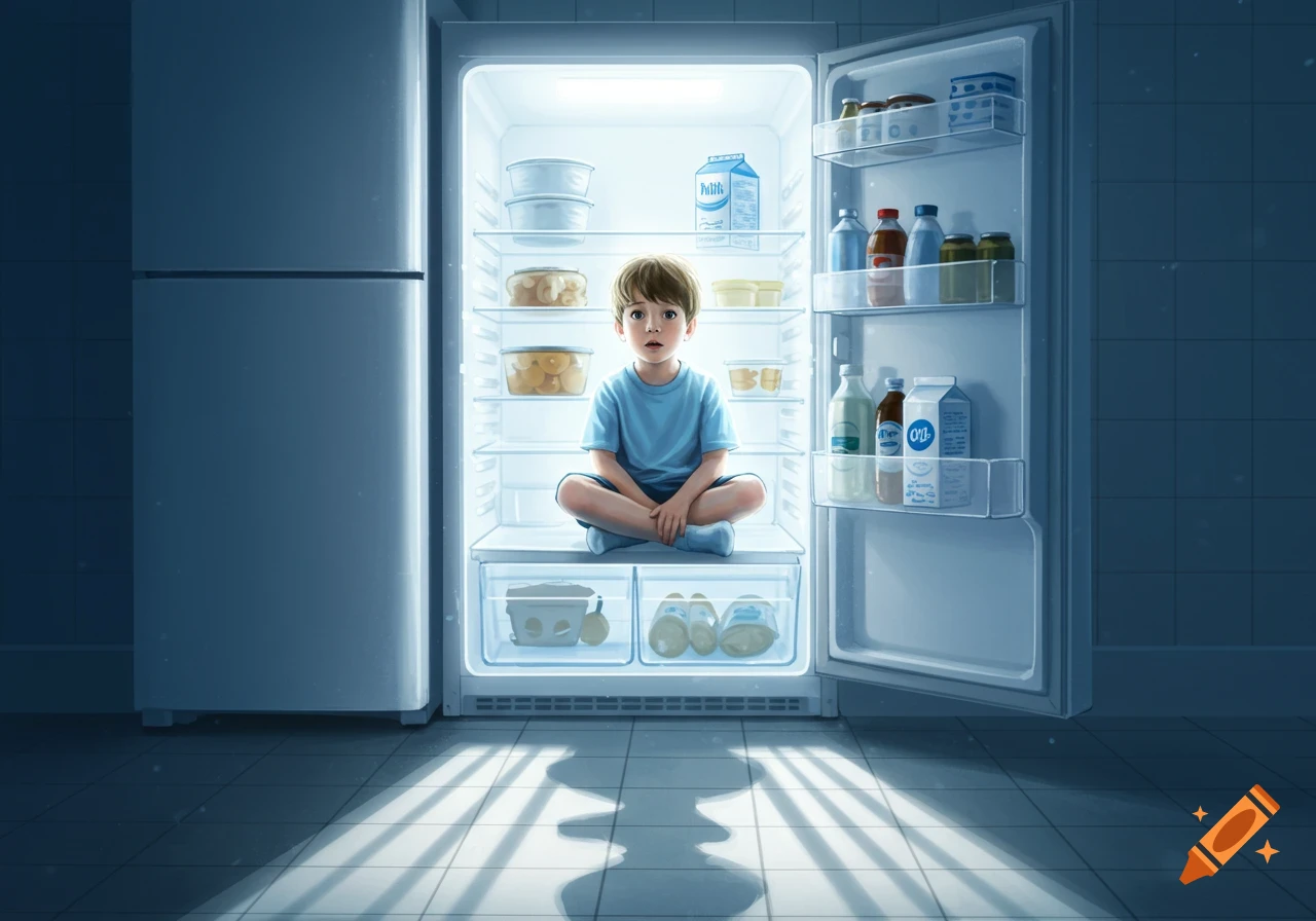 A young boy sits cross-legged inside a brightly lit refrigerator filled with food and milk cartons, depicted in an illustrative style.