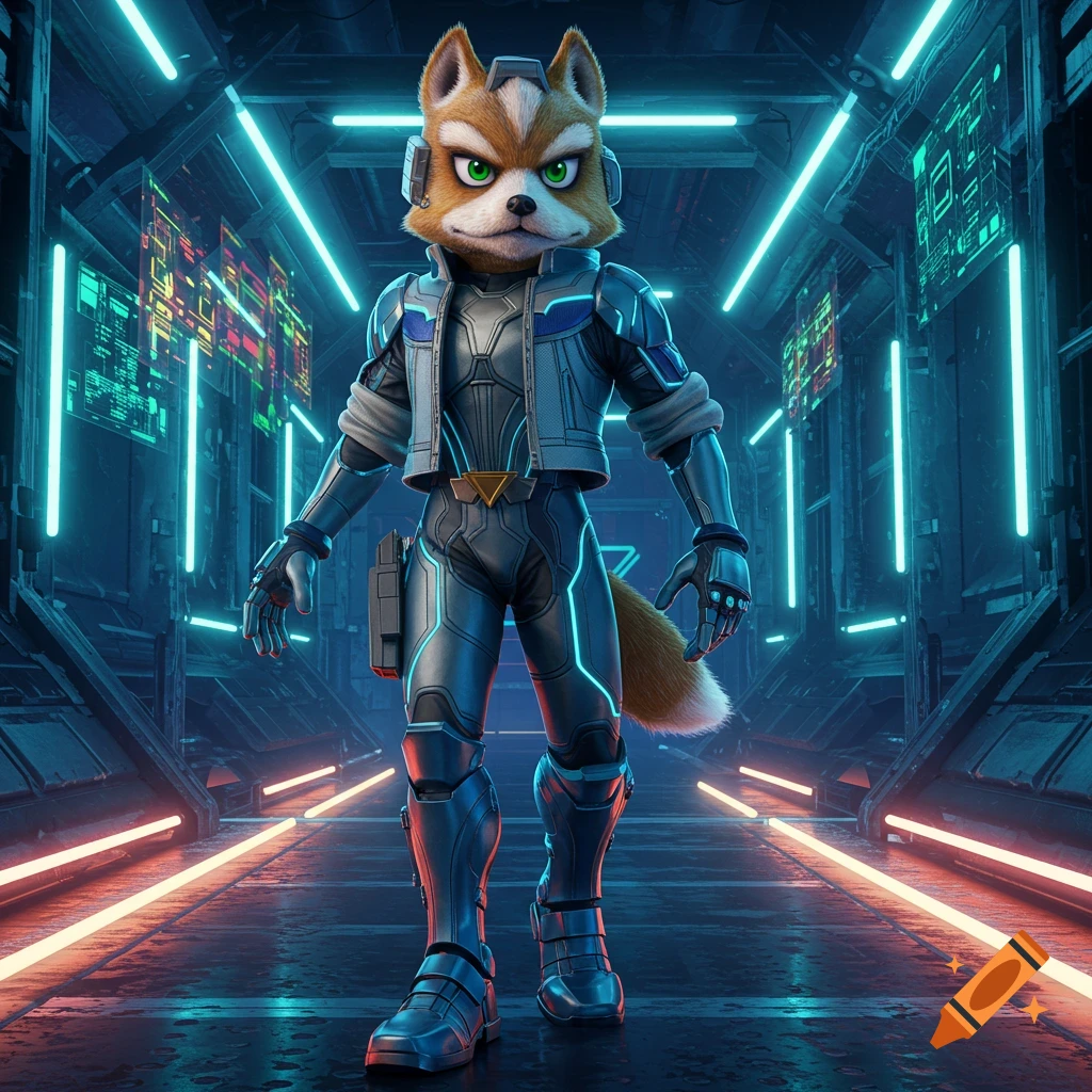 Fox McCloud in a sleek, futuristic suit with blue neon accents stands in a neon-lit sci-fi corridor.