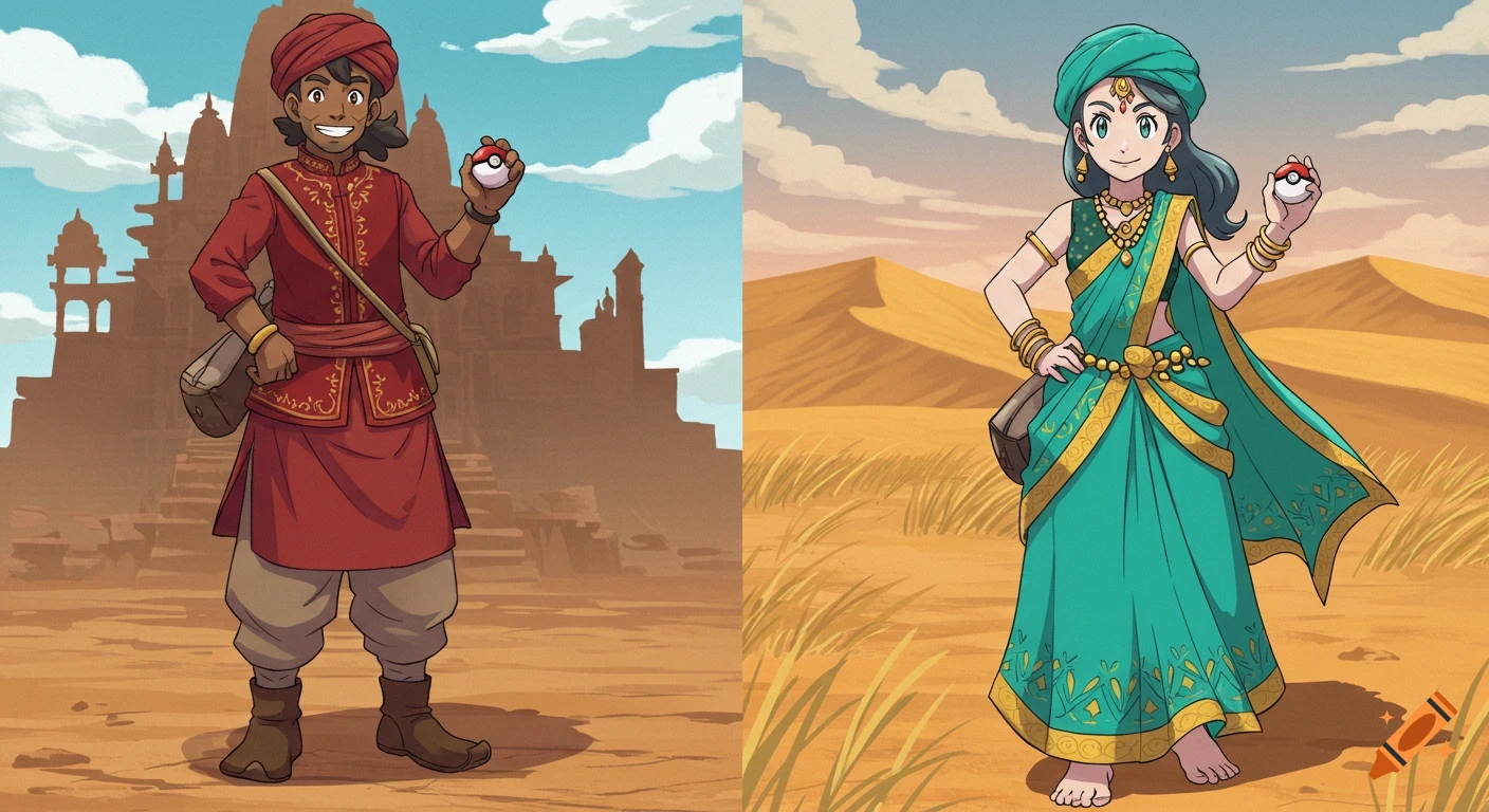 Two anime-style Pokémon trainers in Indian-inspired outfits stand in a desert landscape, holding Poké Balls.