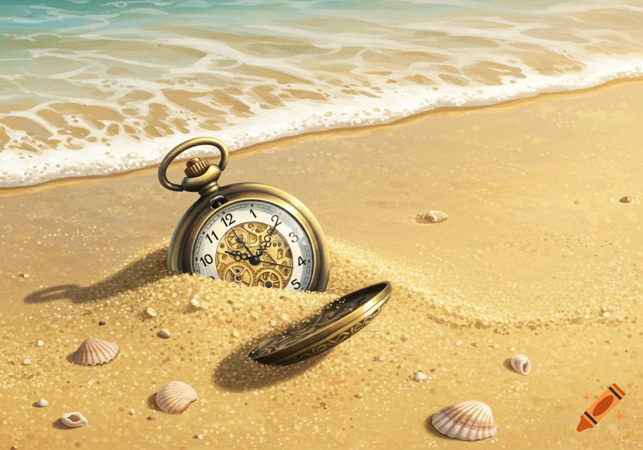 A vintage gold pocket watch with an open case is partially buried in the sand on a beach, with seashells and ocean waves in the background, in a painted style.