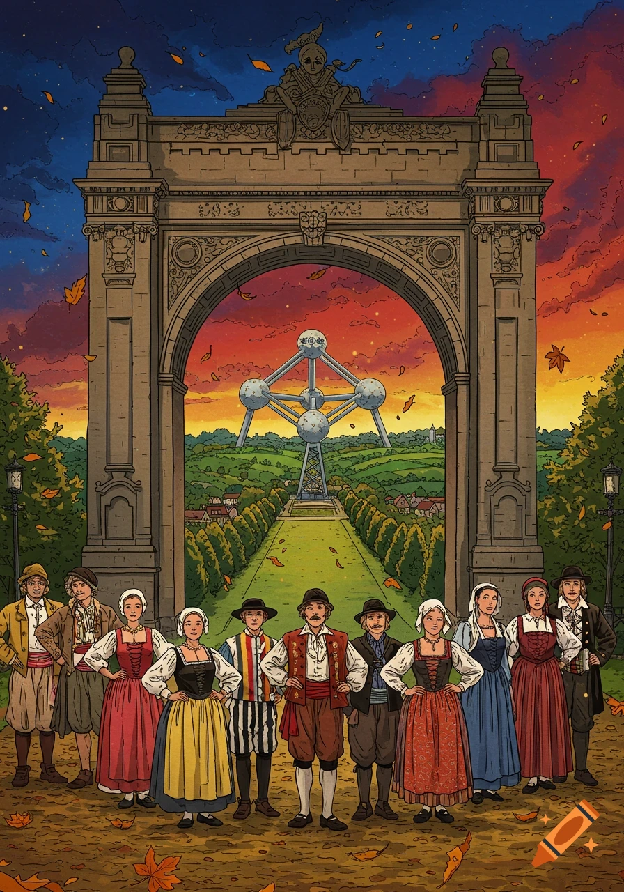 An illustration of a group of people in traditional European costumes standing in front of the Atomium in Brussels, seen through a grand archway at sunset.
