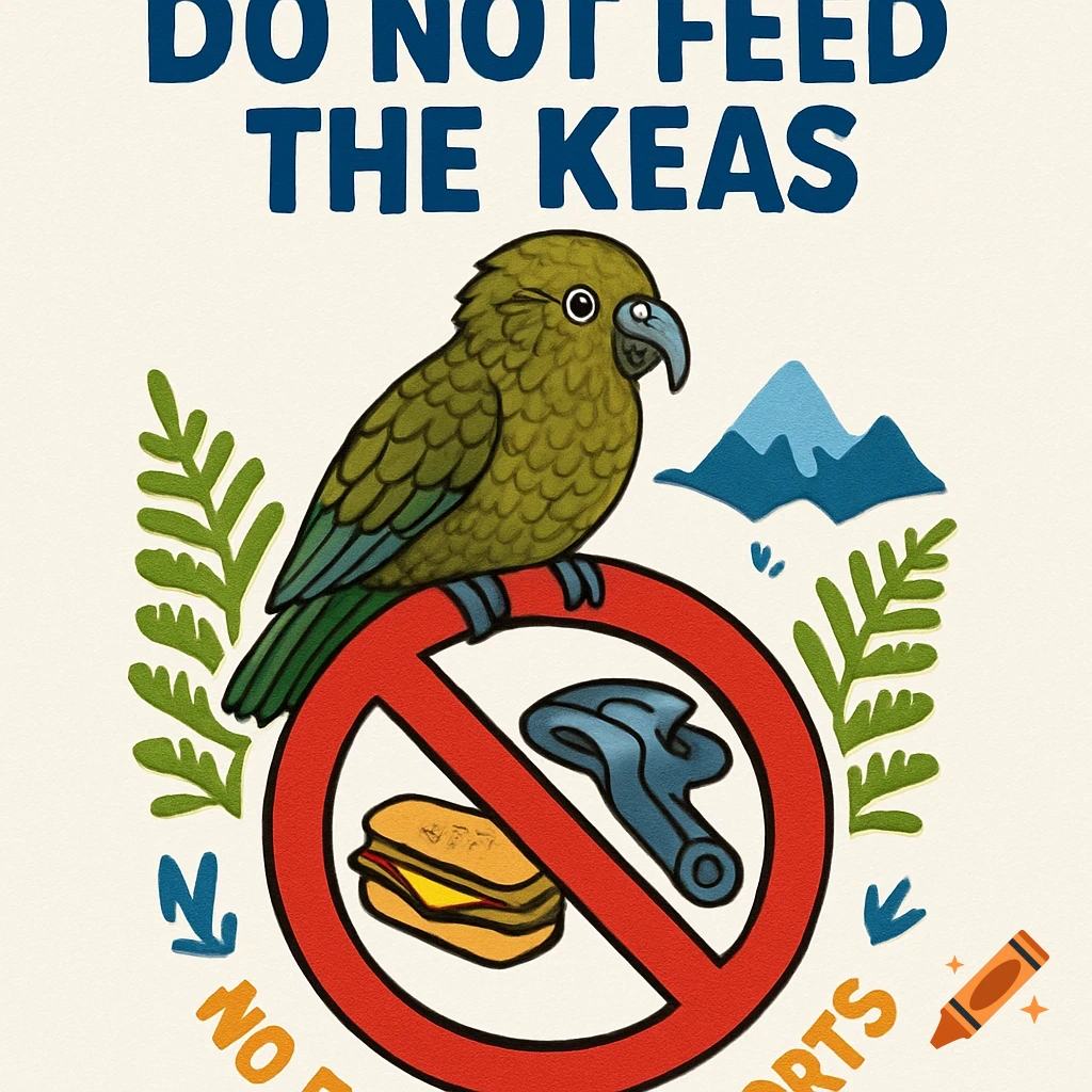 Clipart warning sign: a kea parrot on a prohibition symbol crossing out a sandwich and wrench, with text 'DO NOT FEED THE KEAS'.