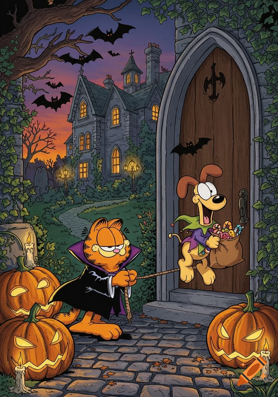Garfield in vampire costume holding Odie, a jester dog with candy, trick-or-treating at a spooky house on Halloween night.