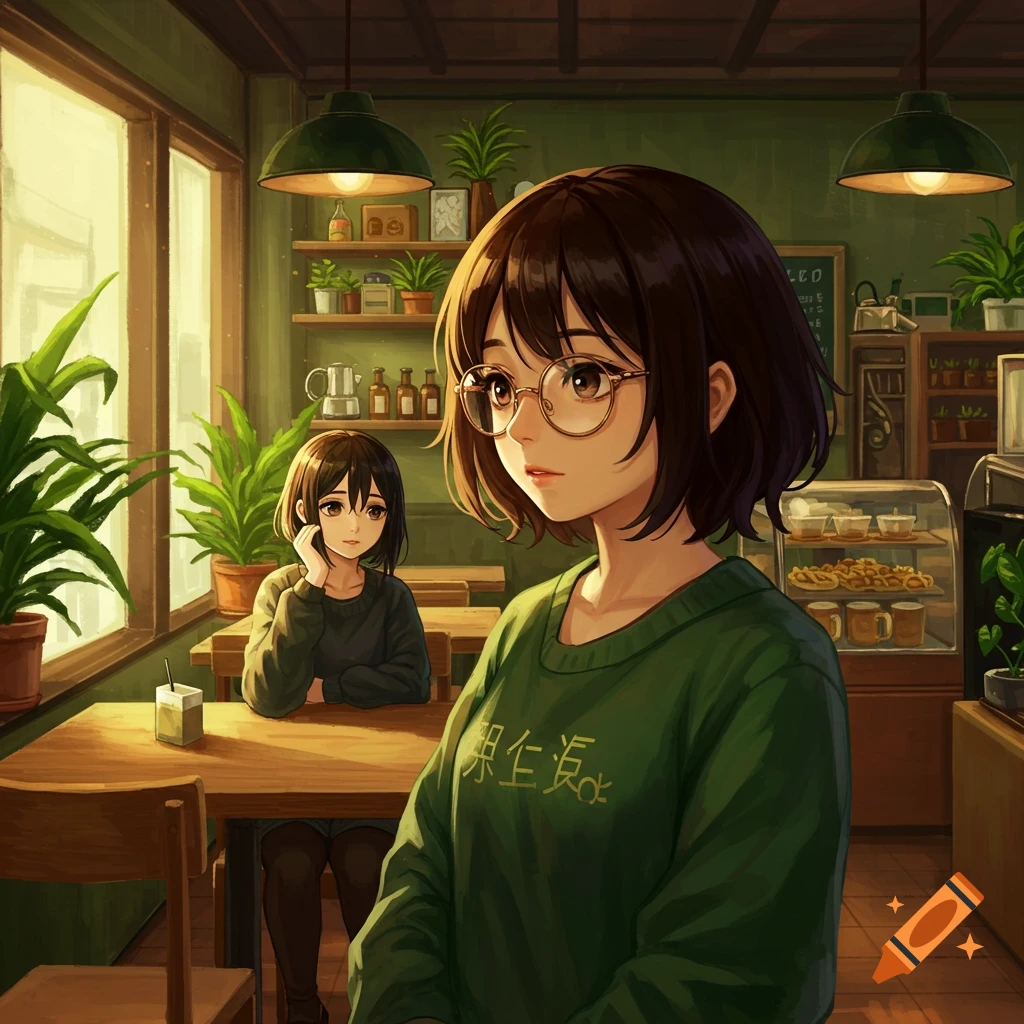 Two anime girls in a cozy cafe, one wearing glasses in the foreground, another sitting at a table in the background.