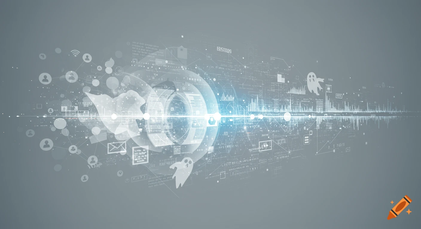 Abstract digital art showing connected network icons, data streams, and ghost figures with a central glowing light.