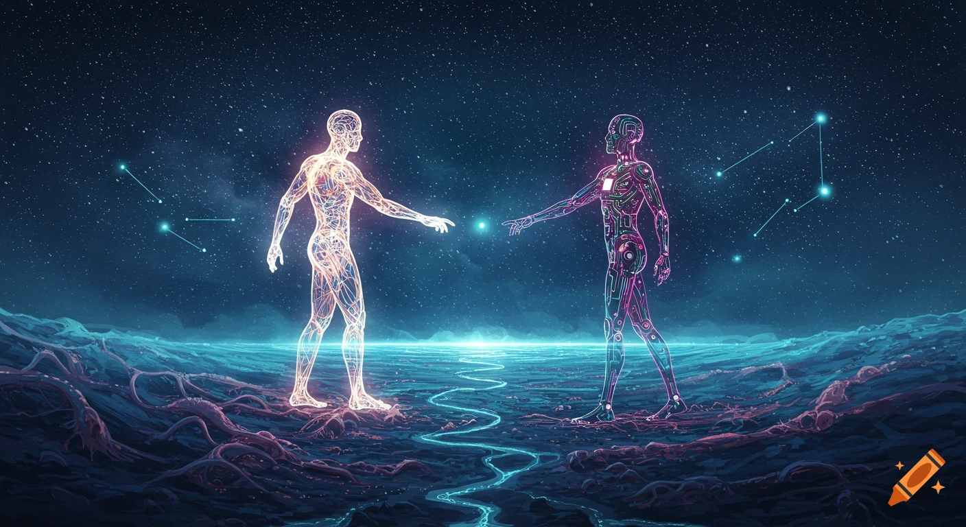Two glowing human and AI figures reach across a digital bridge in a starry cosmic void, depicting unity.