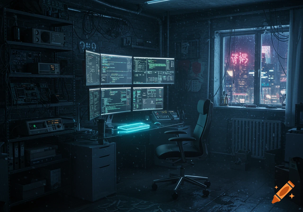 A dark, cyberpunk-style room with multiple computer monitors displaying code, a glowing keyboard, and an office chair. A city skyline with neon lights is visible through the window.