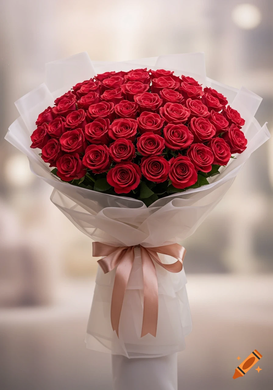 A large, beautiful bouquet of red roses wrapped in translucent white paper with a pink ribbon.