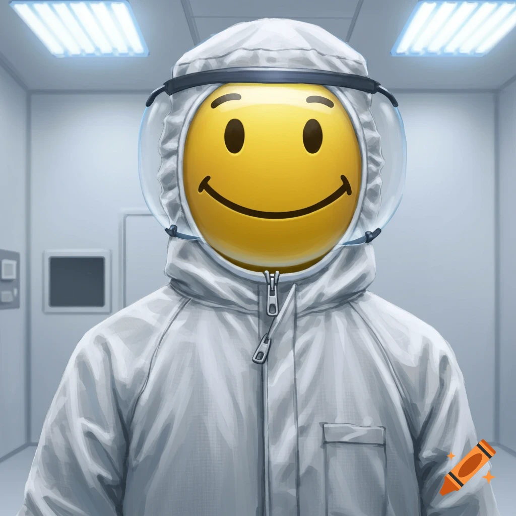 A cheerful yellow smiley face emoji wearing a white full-body cleanroom suit with a clear visor in a sterile white room.