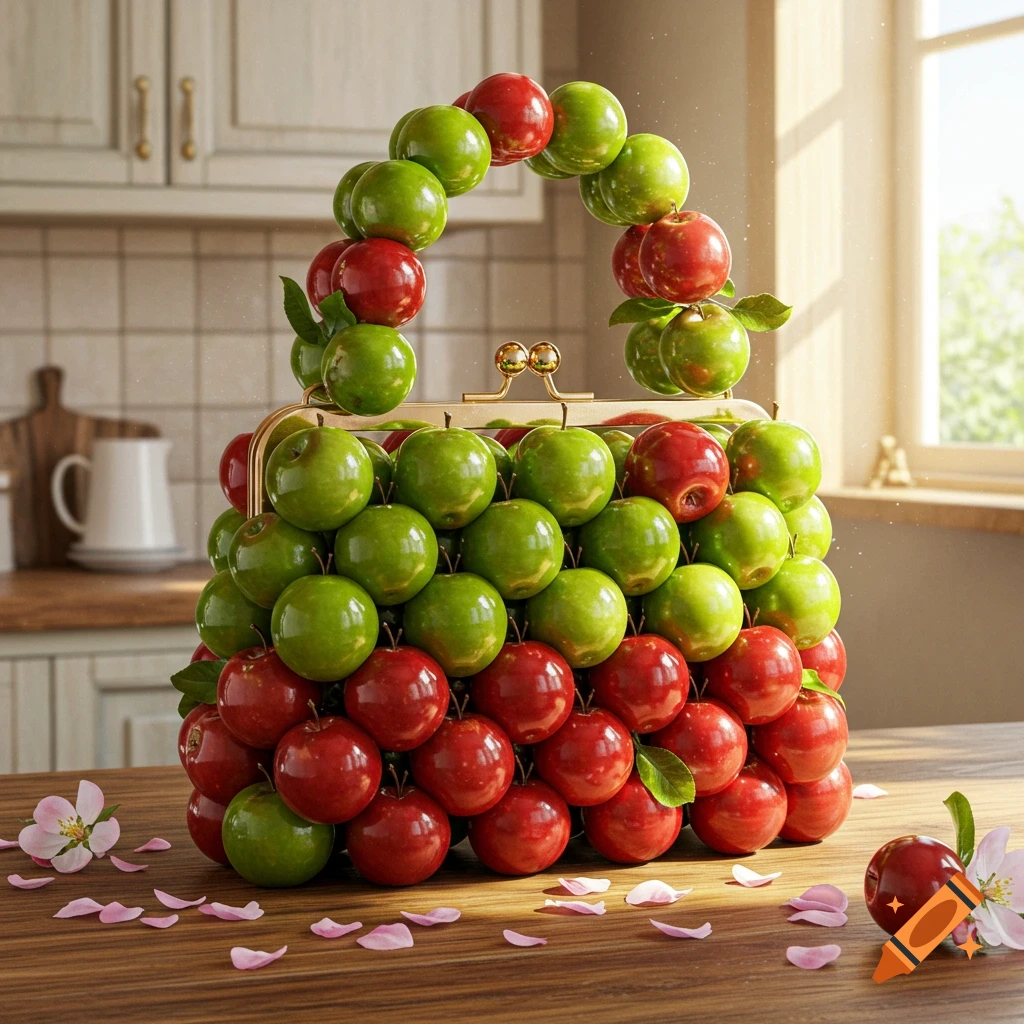A photorealistic image of a purse made of green and red apples with a gold clasp, sitting on a wooden kitchen table with flower petals.