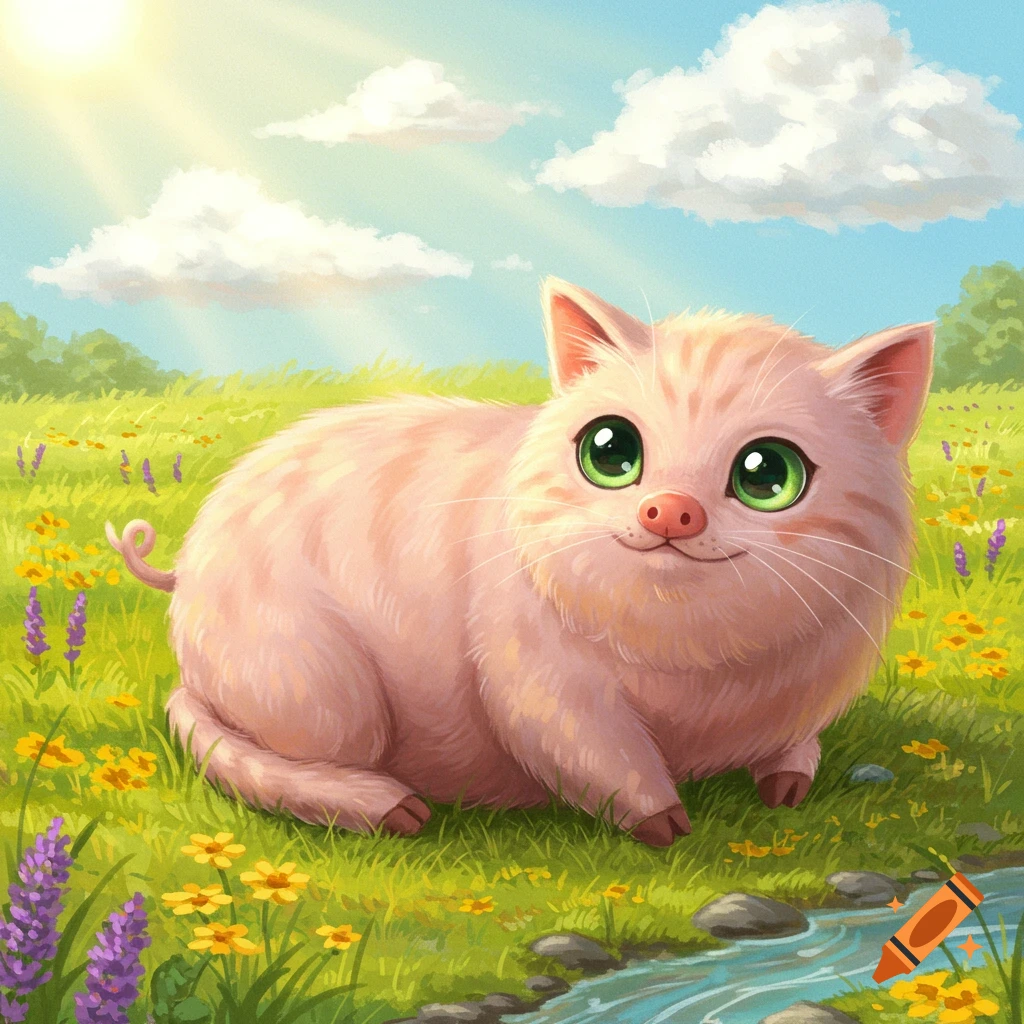 A fluffy pink pig-cat hybrid with big green eyes sits in a sunny meadow with flowers and a stream.