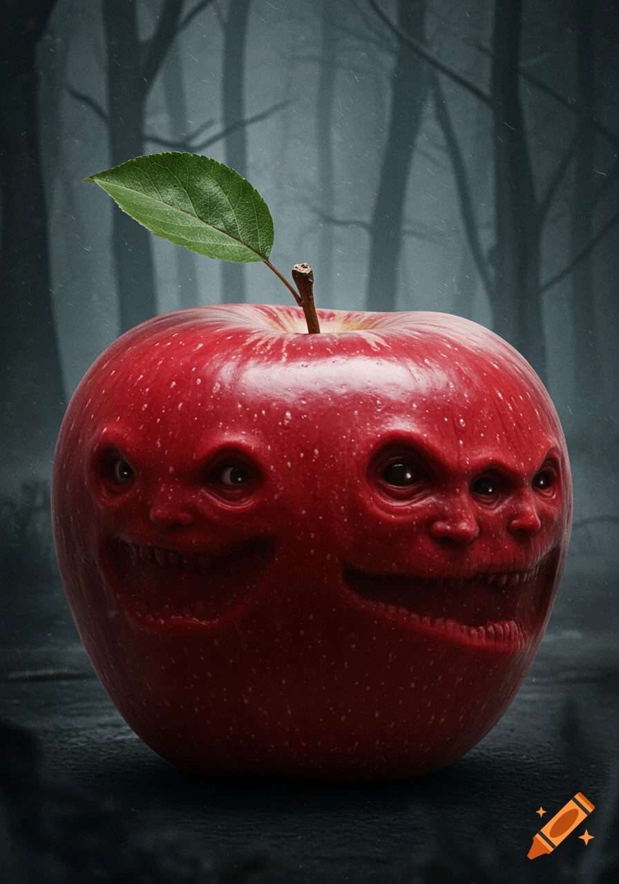 A creepy red apple with multiple distorted, grinning faces and black eyes, set in a dark, misty forest.