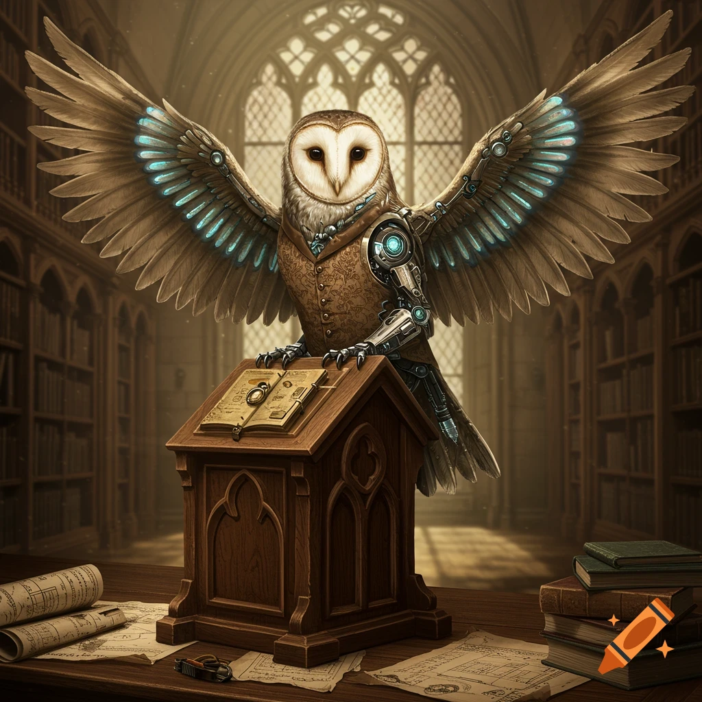 A steampunk barn owl with mechanical wings and a vest stands at a wooden lectern in a grand library, like a professor.