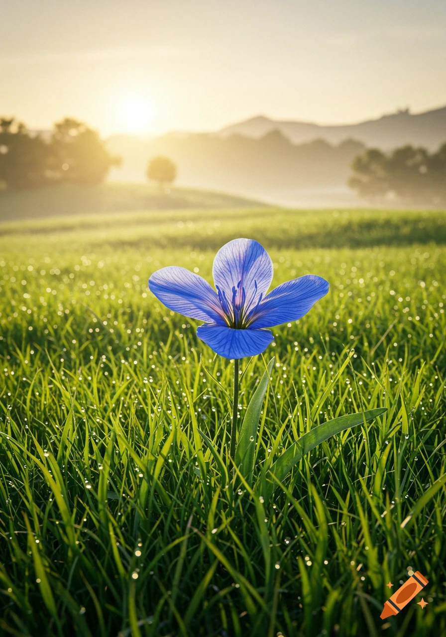 A vibrant blue flower stands tall in a dew-kissed green field with a bright sunrise in the background.