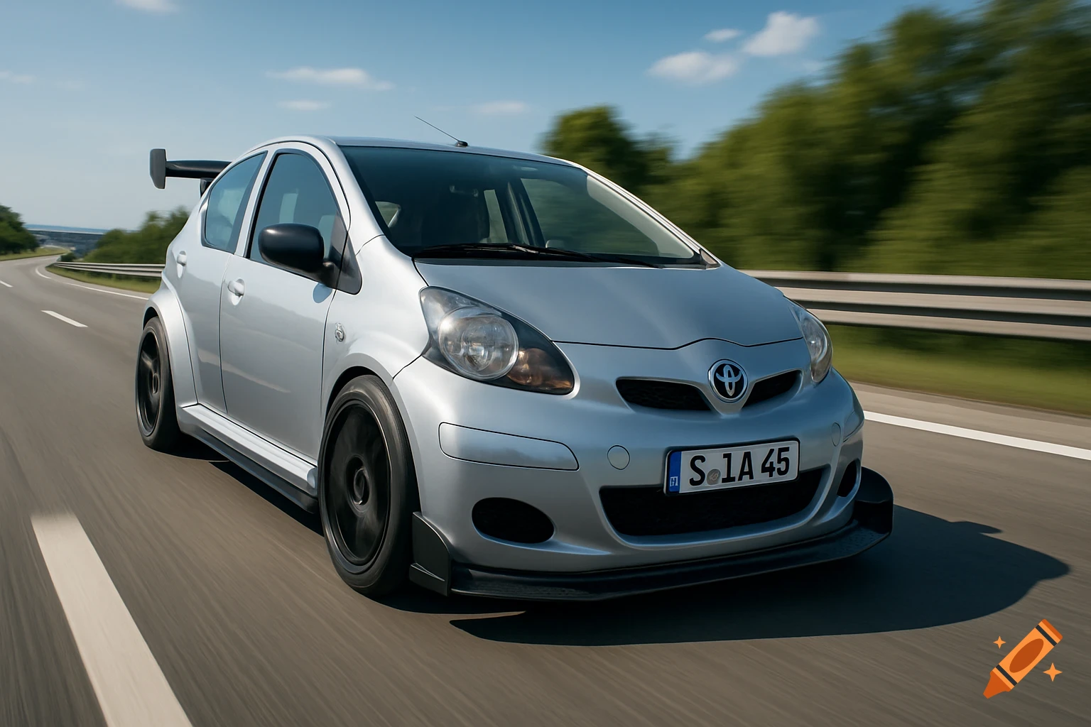 A silver Toyota Aygo car with racing components drives on a highway under a clear blue sky, motion blur on background.